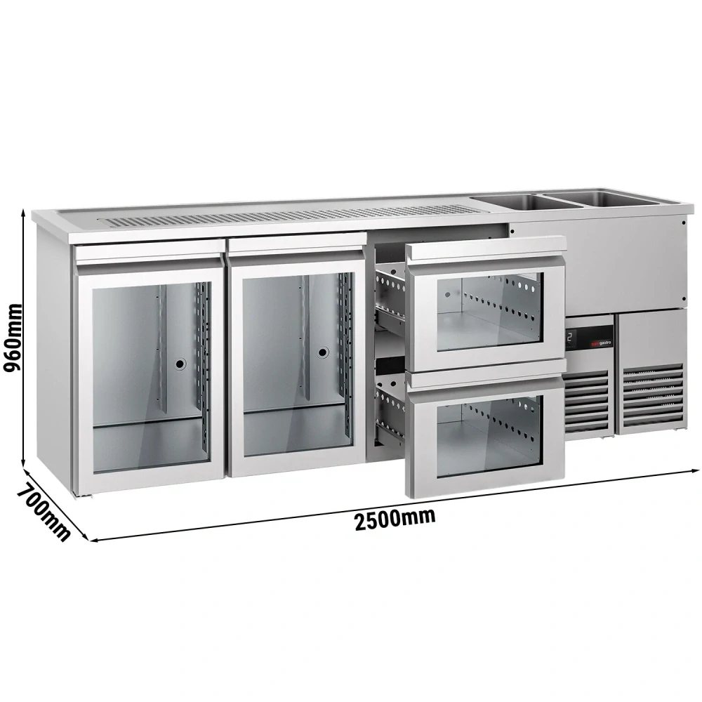 Výčepní pult PREMIUM - 2500x700 mm - 2 skleněné dveře & 2 skleněné zásuvky