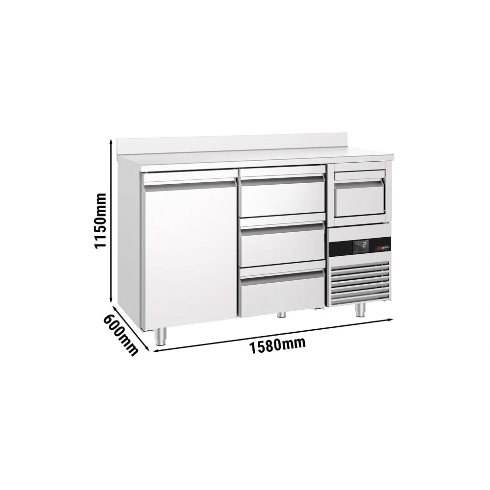Barový chladicí stůl PREMIUM - 1580x600 mm  - s 1 dveřmi, 3 zásuvkami, zadní lištou & odklepávačem na kávu