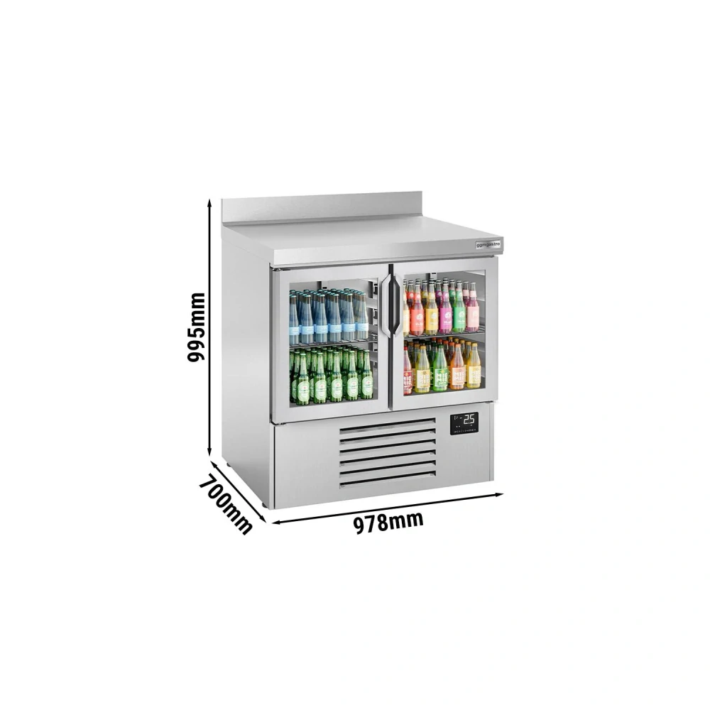 Chladicí stůl PREMIUM PLUS - 978x700 mm - se 2 skleněnými dveřmi - Se zadní lištou