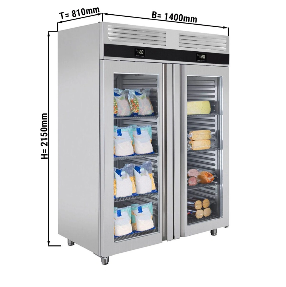 Kombinovaná chladicí a mrazicí skříň PREMIUM - GN 2/1 - 1 400 l - až +8 °C - s 2 dveře - Digitální termostat; Ventilované chlazení; Automatické…
