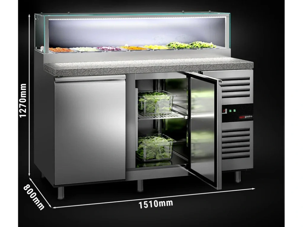 Saladeta PREMIUM - 1510 mm - 2 dveře - se skleněným nástavcem pro 7x GN 1/3 & 1 police - žulová pracovní deska