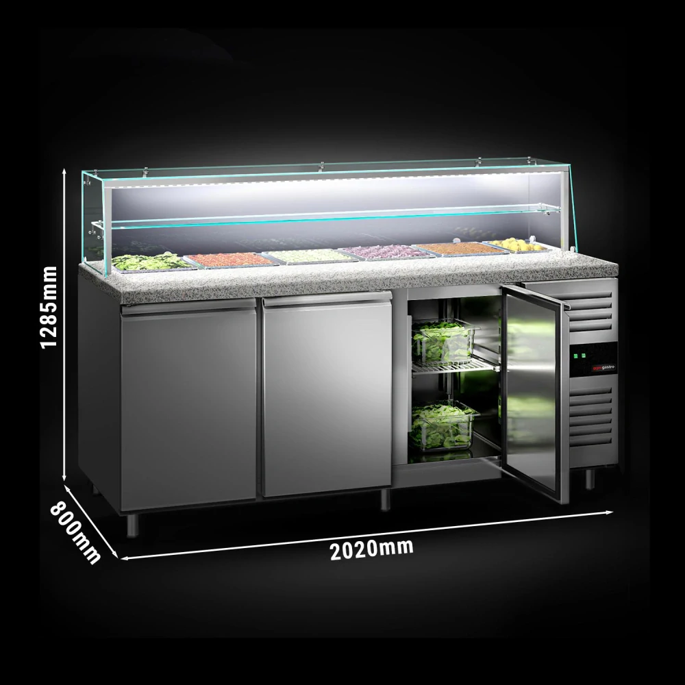 Saladeta PREMIUM - 2020 mm - 3 dveře - se skleněným nástavcem pro 5x GN 1/1 & 1x GN 2/4 & 1 police - žulová pracovní deska