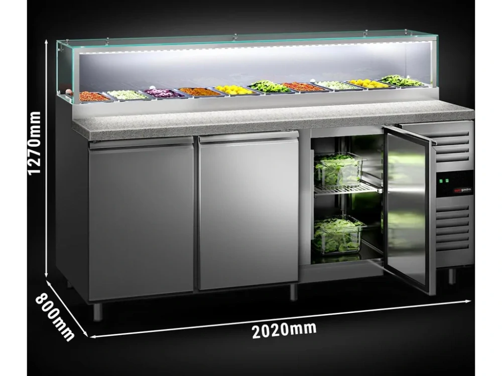 Saladeta PREMIUM - 2020 mm - 3 dveře - se skleněným nástavcem pro 10x GN 1/3 & 1 police - žulová pracovní deska