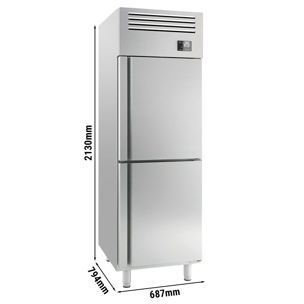 Nerezová chladicí skříň PREMIUM PLUS - GN 2/1 - 686 mm - 560 l - až +8 °C - s 2 poloviční dveře - Digitální termostat; Samozavírací dveře; Ventilované…