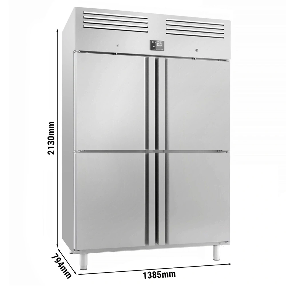 Nerezová chladicí skříň PREMIUM PLUS - GN 2/1 - 1385 mm - 1240 l - až +8 °C - s 4 poloviční dveře - Digitální termostat; Samozavírací dveře;…