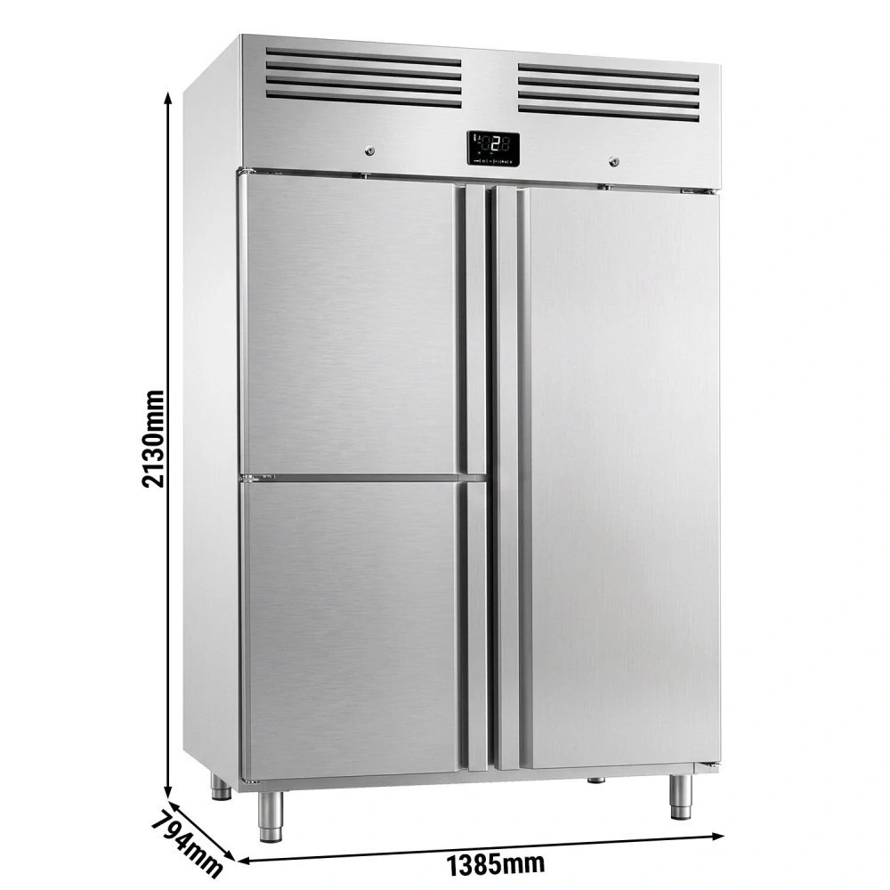 Nerezová chladicí skříň PREMIUM PLUS - GN 2/1 - 1385 mm - 1240 l - až +8 °C - s 3 dveře - Digitální termostat; Samozavírací dveře; Ventilované…