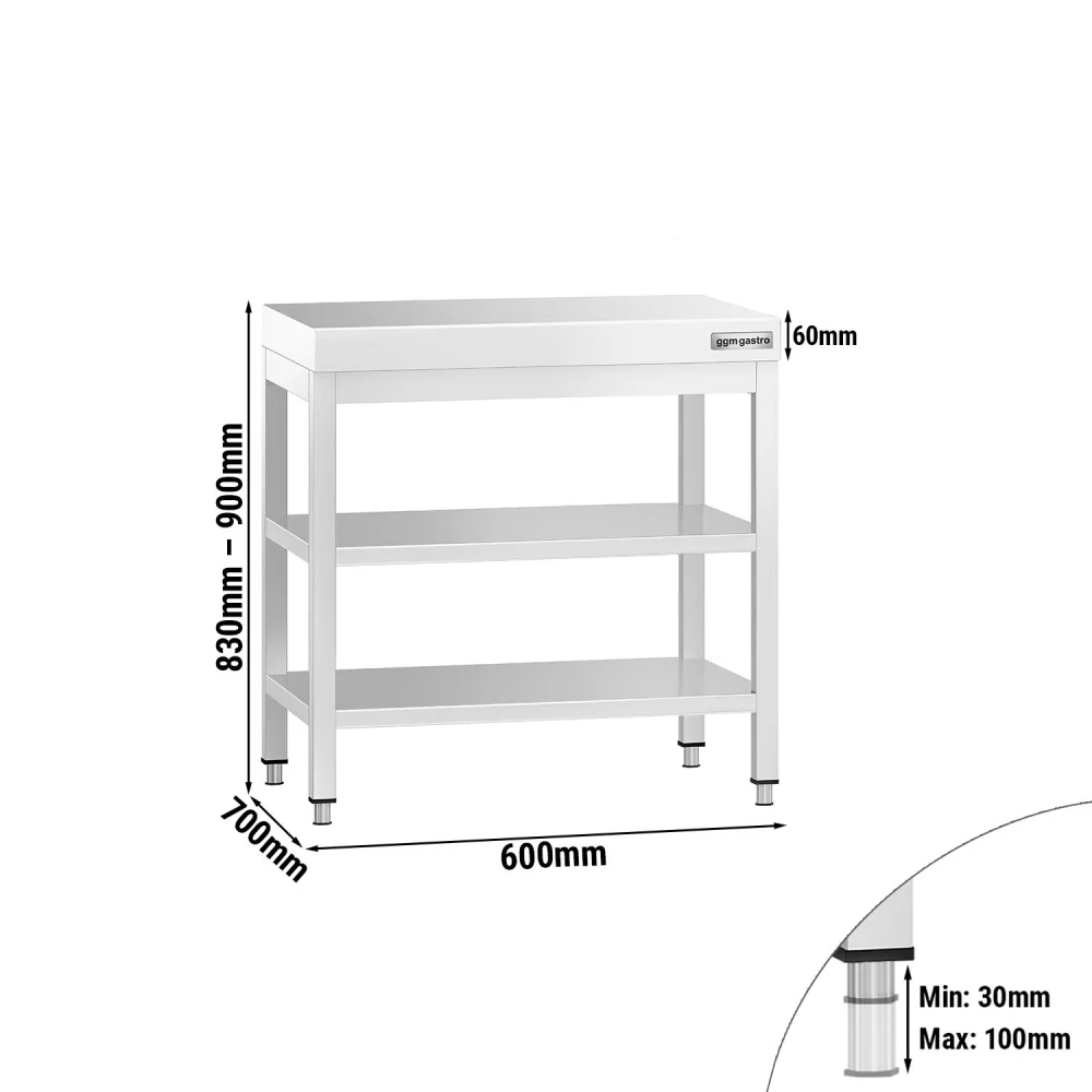 Nerezový pracovní stůl PREMIUM - 600x700 mm - se spodní policí & mezipolicí