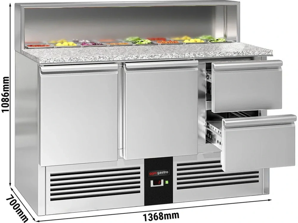 Saladeta PREMIUM - 1368 mm - 2 dveře & 2 zásuvky - s nerezovým krytem pro 8x GN 1/6 - žulová pracovní deska