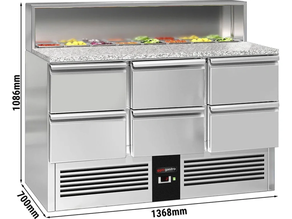 Saladeta PREMIUM - 1368 mm - 402 l - 6 zásuvky - s nerezovým krytem pro 8x GN 1/6 - žulová pracovní deska