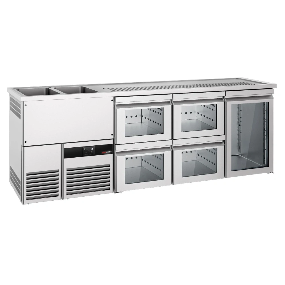Výčepní pult PREMIUM - 2500x700 mm - 1 skleněné dveře & 4 skleněné zásuvky