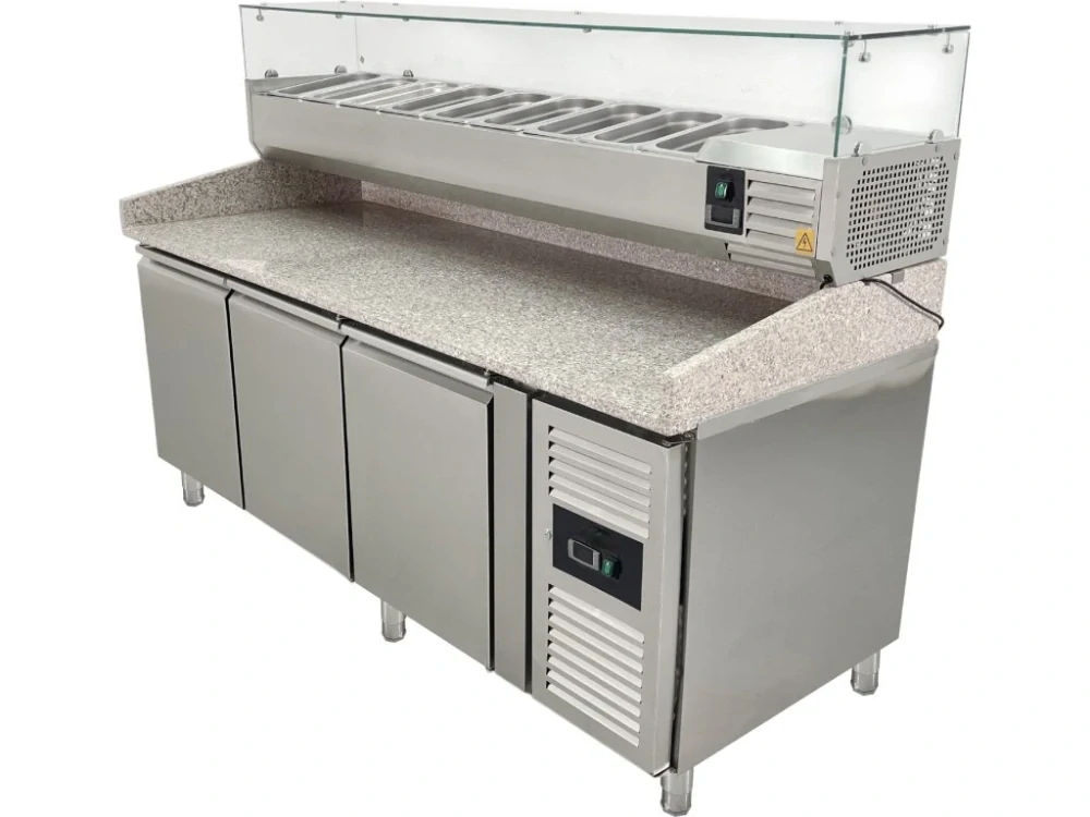 Chladící stůl na pizzu - 2015 x 800 mm - se 3 dvířky a saladetou 9 x GN 1/3