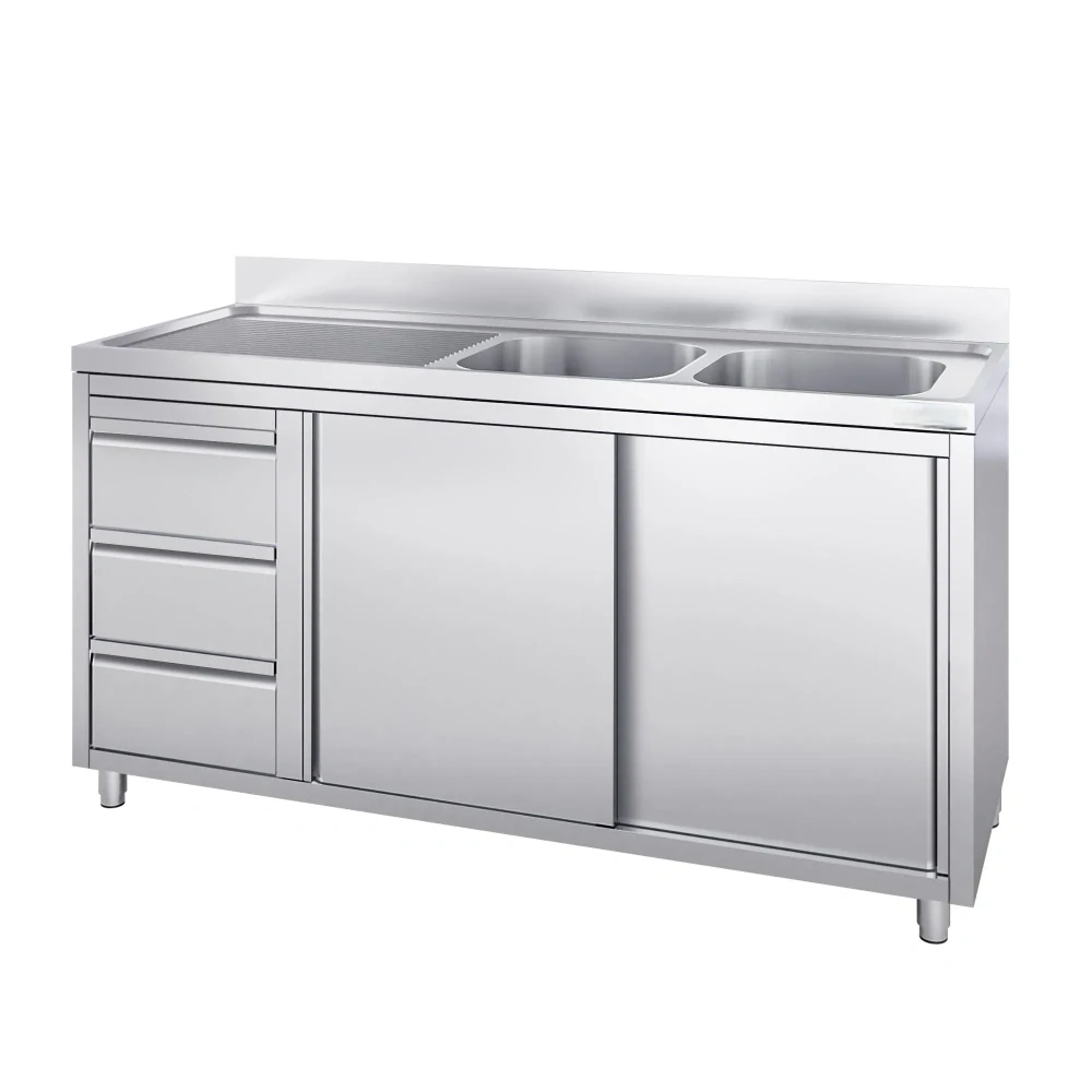 Nerezová gastro dřezová skříňka 2000×600 mm – 2 dřezy vpravo, 3 zásuvky, posuvné dveře