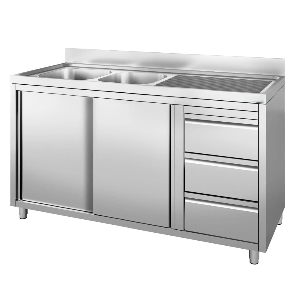 Nerezová gastro dřezová skříňka 2000×600 mm – 2 dřezy vlevo, 3 zásuvky, posuvné dveře
