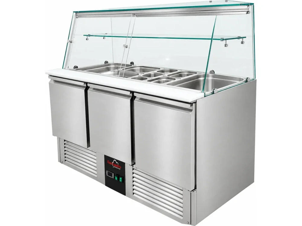 Chladící saladeta - 1 370 x 700 mm - se 3 dvířky a skleněnou nástavbou se světlem