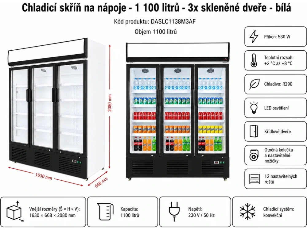 Chladicí skříň na nápoje - 1 100 litrů - 3x skleněné dveře