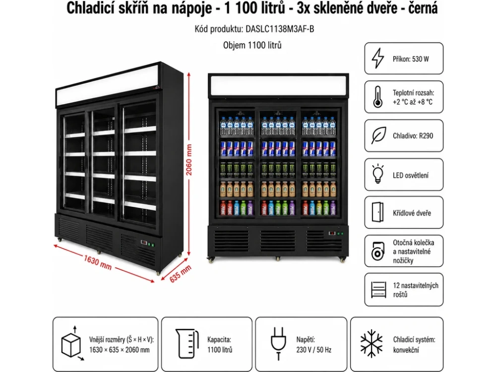 Chladicí skříň na nápoje - 1 100 litrů - 3x skleněné dveře - černá