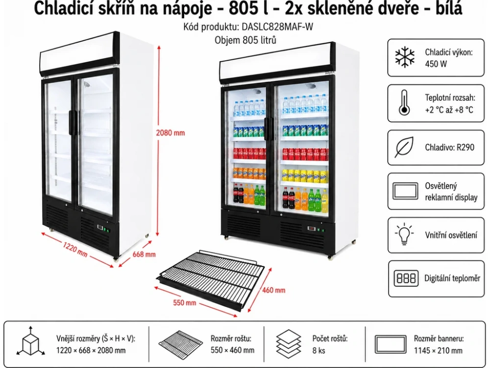 Chladicí skříň na nápoje - 805 litrů - 2x skleněné dveře - bílá