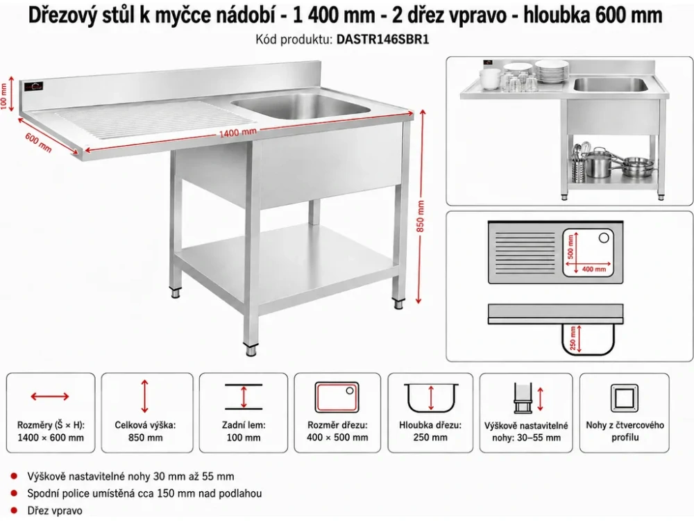 Dřezový stůl k myčce nádobí - 1 400 mm - 1 dřez vpravo - hloubka 600 mm