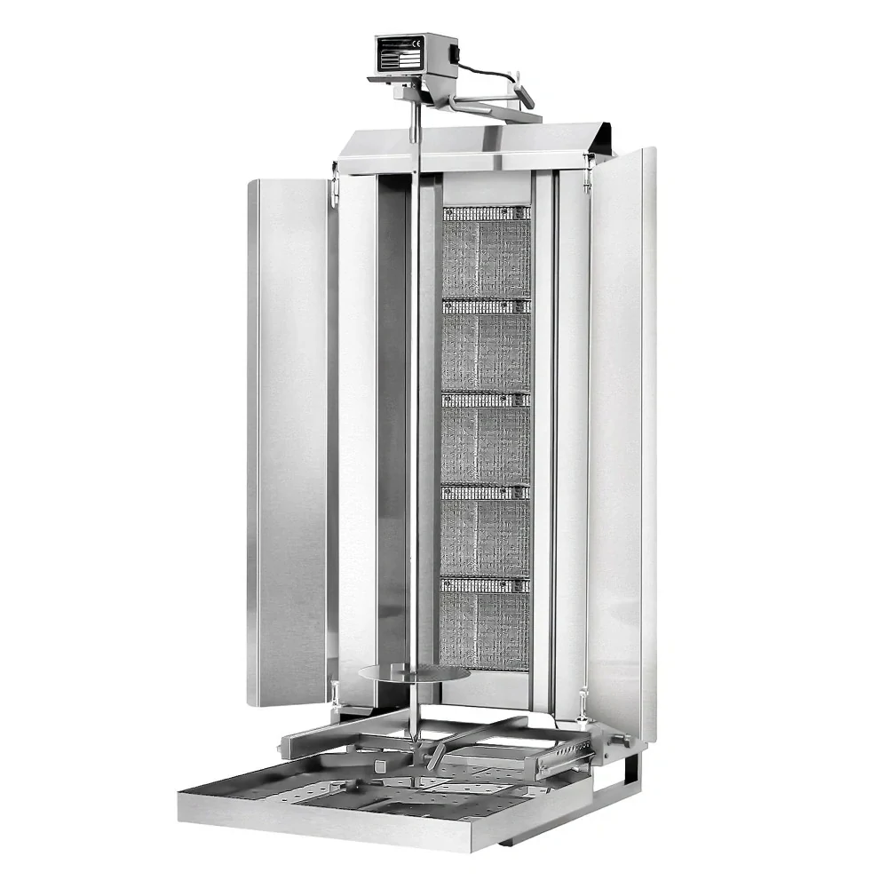 Gril na gyros/kebab - 5 hořáků (pohyblivých) - max. 80 kg - vč. ochranného plechu a křídlových dvířek