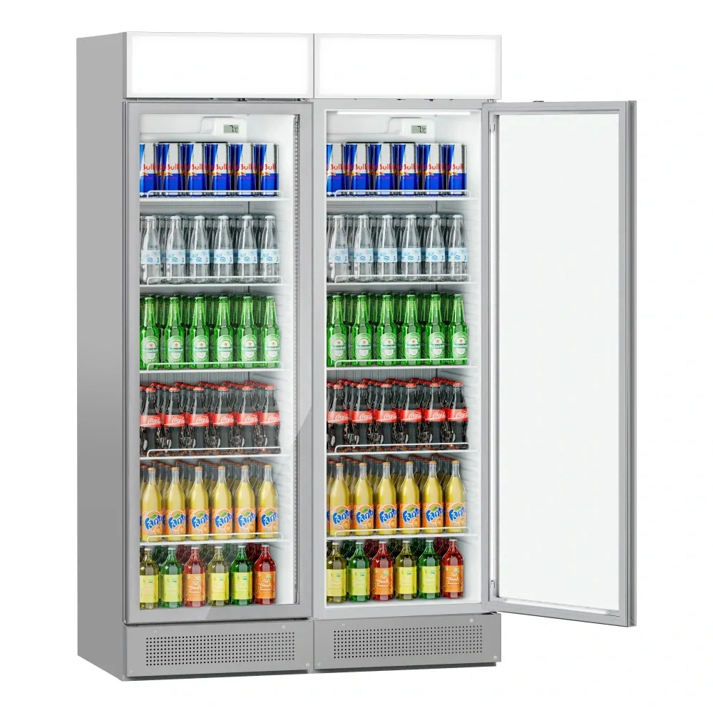 (2 kusy) Chladnička na nápoje - 690 litrů - bezrámová konstrukce - se 2 skleněnými dveřmi a reklamním displejem