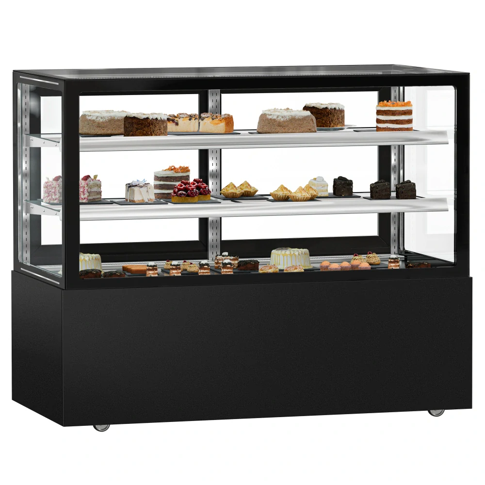 Cukrárenský pult MADRID - obslužná - 620 l - 1 500 mm - dvojité zasklení - s 2 policemi - černá matná