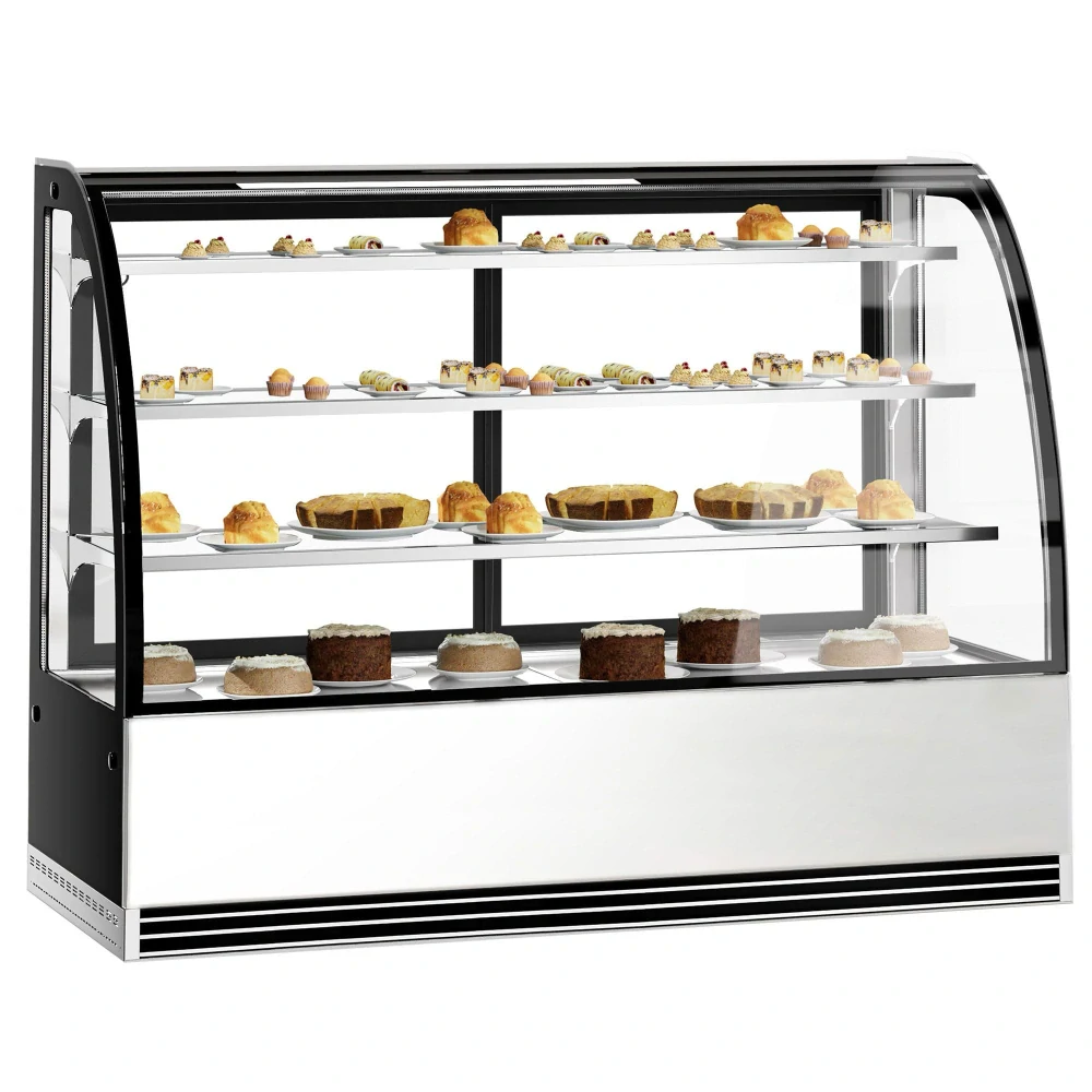 Cukrárenský pult Maxi - kulatá - obslužná - pro dorty - 633 l - 1 800 mm - 2 posuvné skleněné dveře - přední sklo kulaté - s 3 policemi