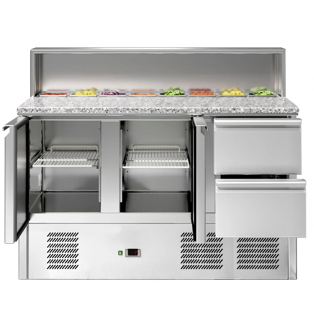 Saladeta ECO - 1368 mm - 2 dveře & 2 zásuvky - s nerezovým krytem pro 8x GN 1/6 - žulová pracovní deska