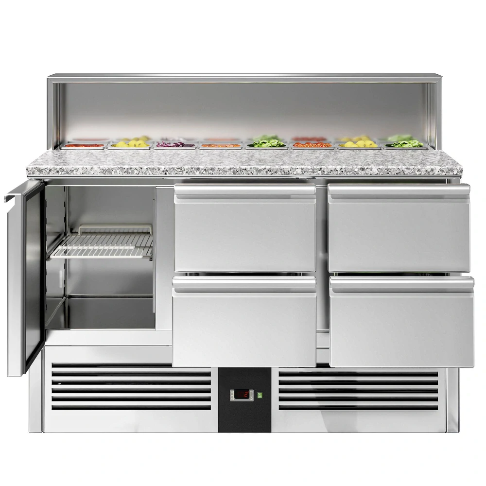 Saladeta PREMIUM - 1368 mm - 1 dveře & 4 zásuvky - s nerezovým krytem pro 8x GN 1/6 - žulová pracovní deska