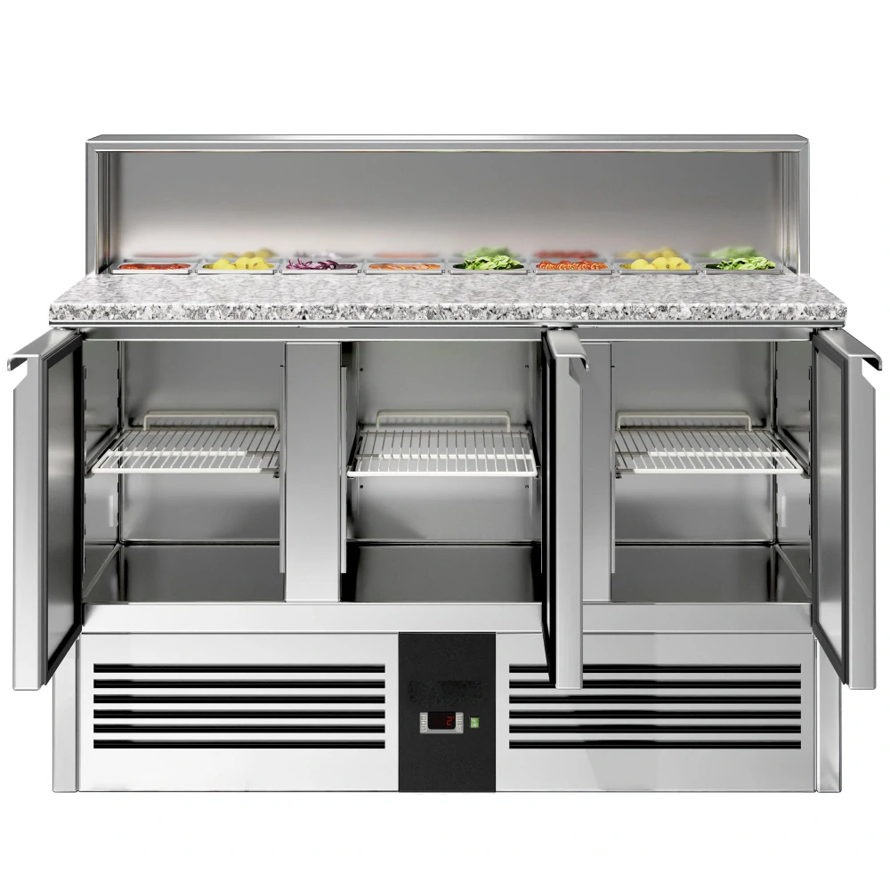 Saladeta PREMIUM - 1368 mm - 3 dveře - s nerezovým krytem pro 8x GN 1/6 - žulová pracovní deska