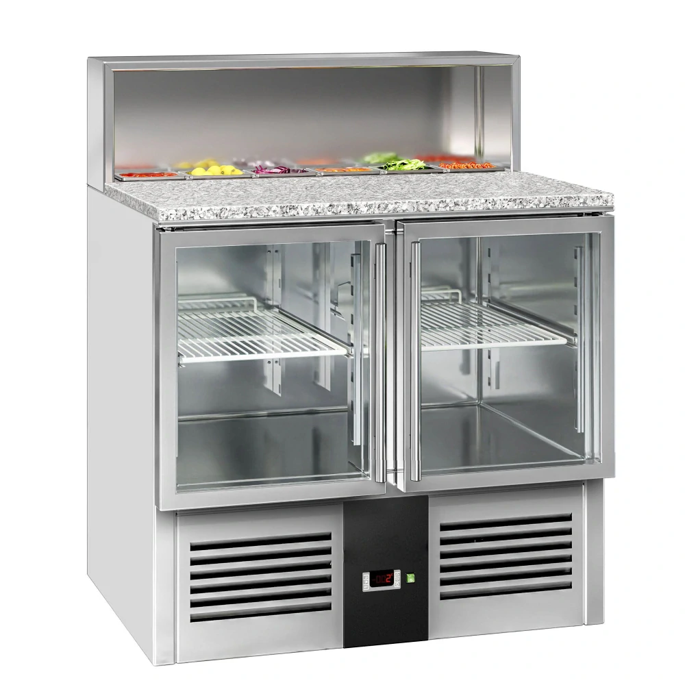 Saladeta PREMIUM - 903 mm - 2 skleněné dveře - s nerezovým krytem pro 5x GN 1/6 - žulová pracovní deska