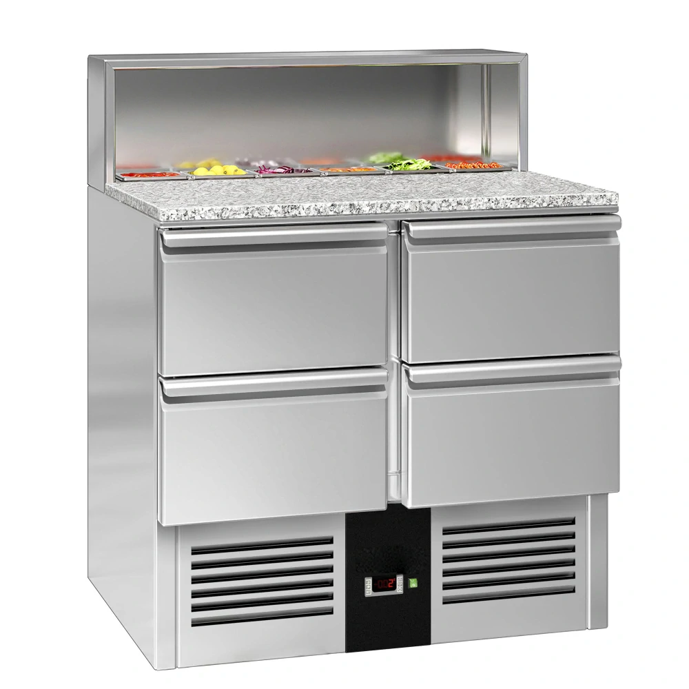 ** Obrázek se může mírně lišit od originálu. Saladeta PREMIUM - 903 mm - 4 zásuvky - s nerezovým krytem pro 5x GN 1/6 - žulová pracovní deska - pro CZ