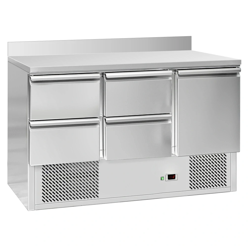 Chladicí stůl ECO - 1370x700 mm - s 1 dveřmi - 4 zásuvkami - se zadní lištou