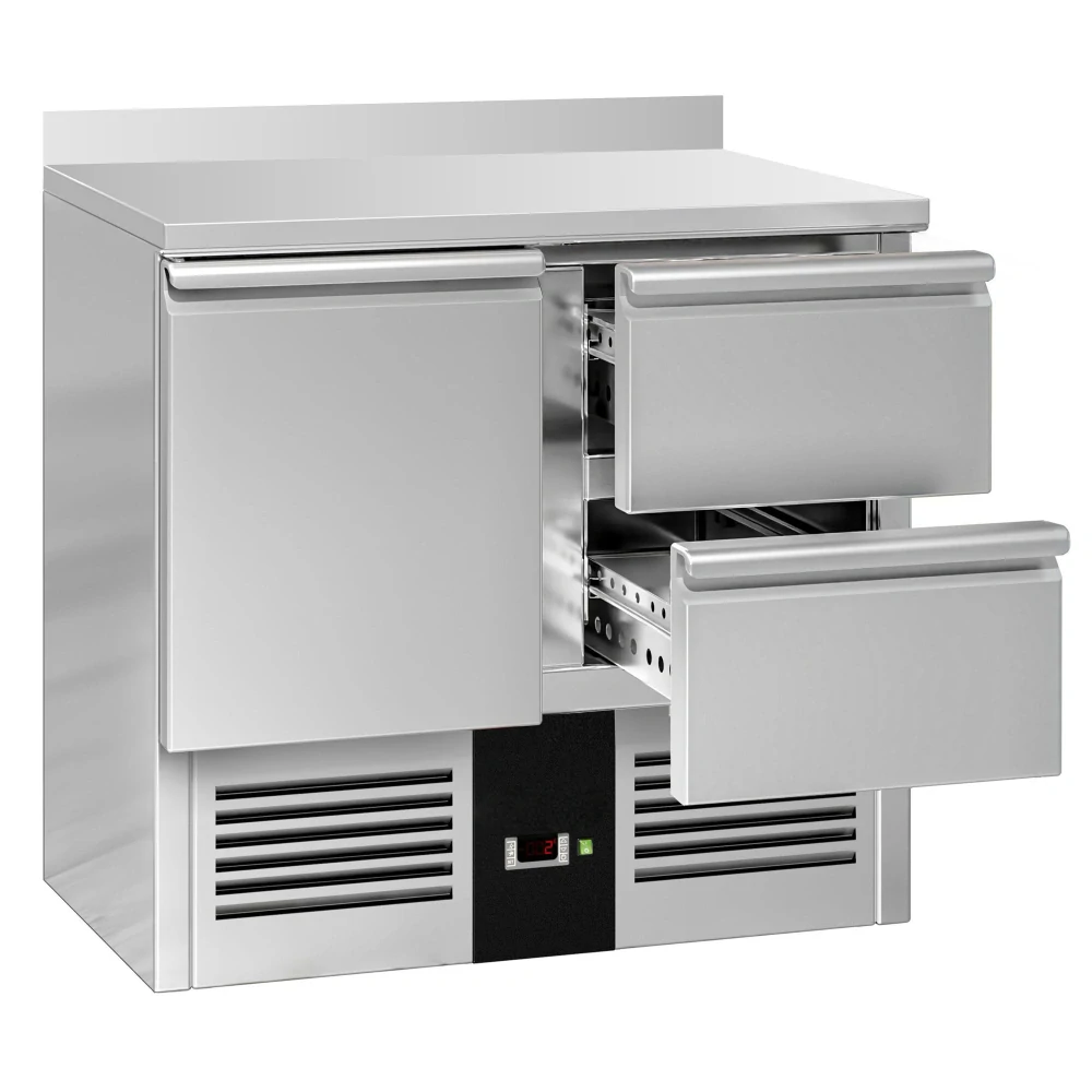 Chladicí stůl PREMIUM - 900x700 mm - s 1 dveřmi - s 2 zásuvkami - zadní lištou
