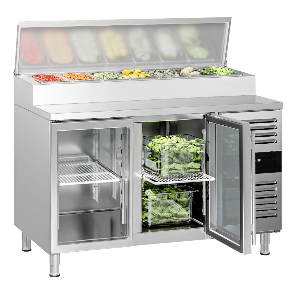 Přípravný stůl PREMIUM - 1360 mm - 2 skleněné dveře - pro 7× GN 1/3