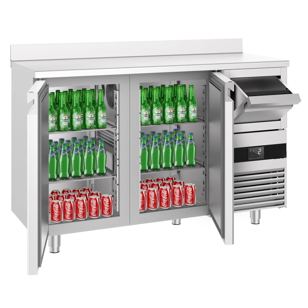 Barový chladicí stůl PREMIUM - 1580x600 mm - se 2 dveřmi, zadní lištou & odklepávačem na kávu
