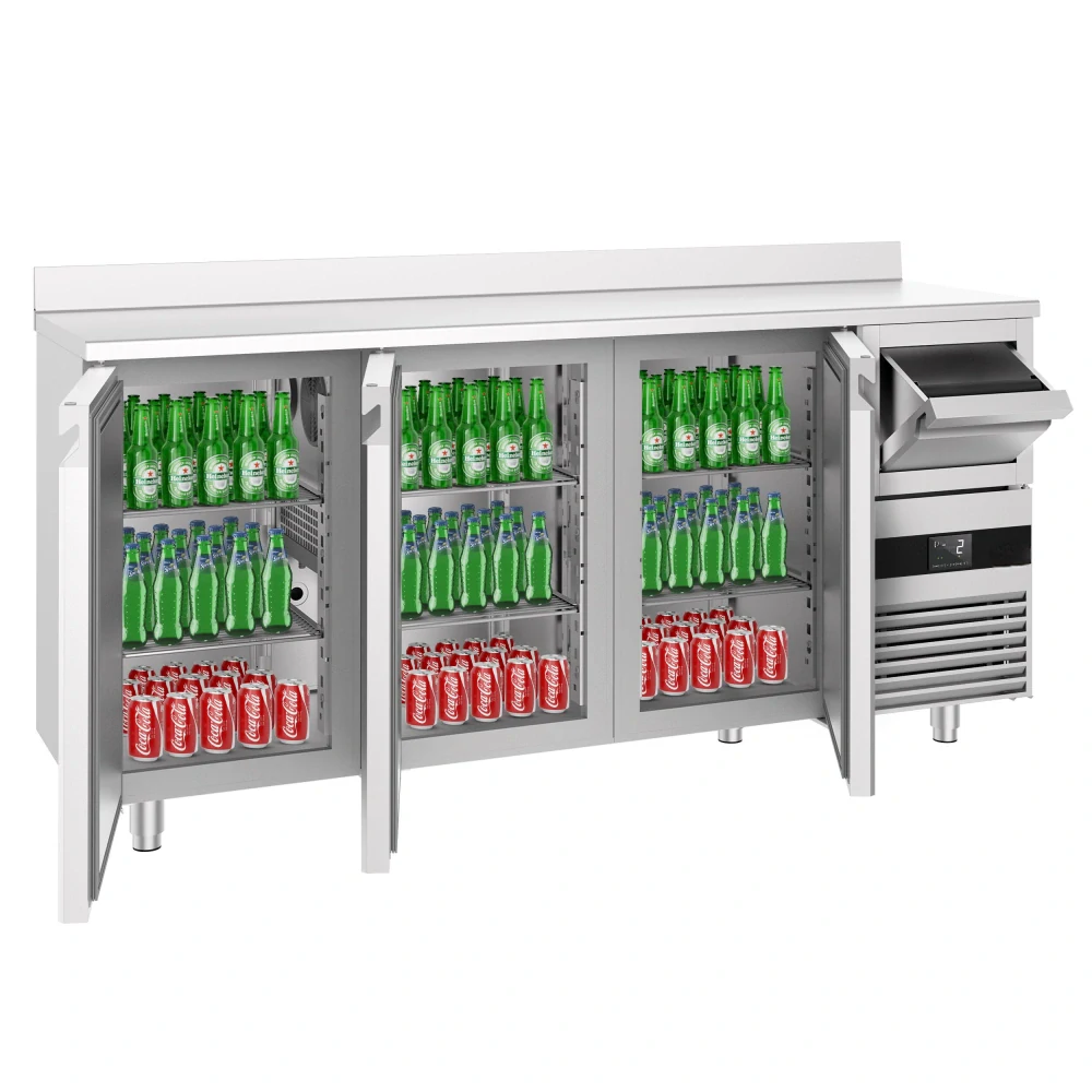 Barový chladicí stůl PREMIUM - 2135x600 mm - se 3 dveřmi, zadní lištou & odklepávačem na kávu