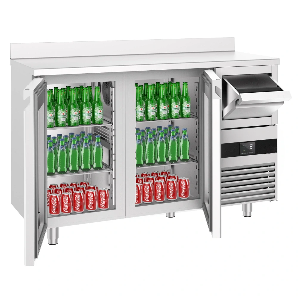 Barový chladicí stůl PREMIUM - 1580x600 mm - se 2 skleněnými dveřmi, zadní lištou & odklepávačem na kávu