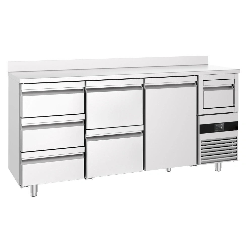 Barový chladicí stůl PREMIUM - 2130x600 mm - s 1 dveřmi, 5 zásuvkami, zadní lištou & odklepávačem na kávu