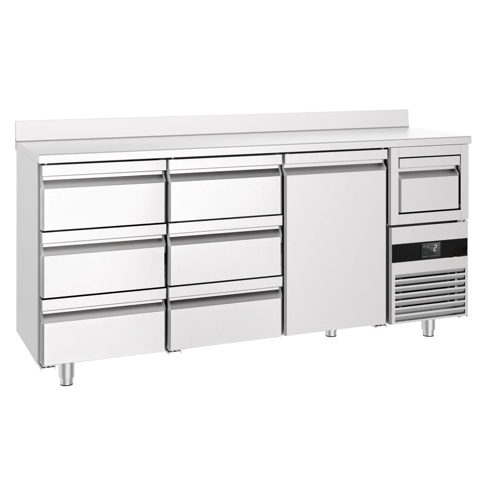 Barový chladicí stůl PREMIUM - 2130x600 mm - s 1 dveřmi, 6 zásuvkami, zadní lištou & odklepávačem na kávu