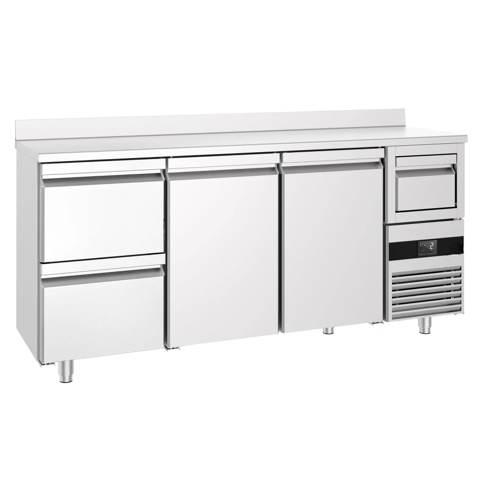 Barový chladicí stůl PREMIUM - 2130x600 mm - se 2 dveřmi, 2 zásuvkami, zadní lištou & odklepávačem na kávu