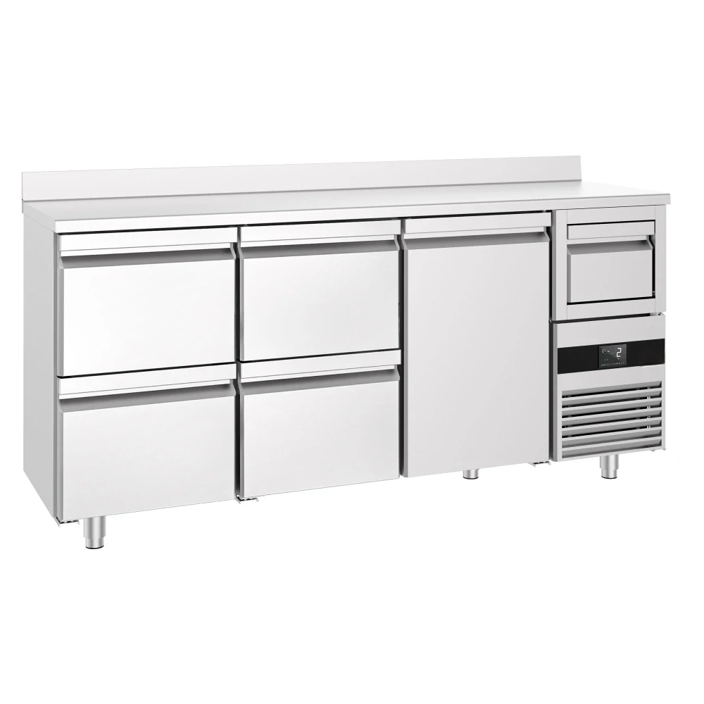 Barový chladicí stůl PREMIUM - 2135x600 mm - s 1 dveřmi, 4 zásuvkami, zadní lištou & odklepávačem na kávu