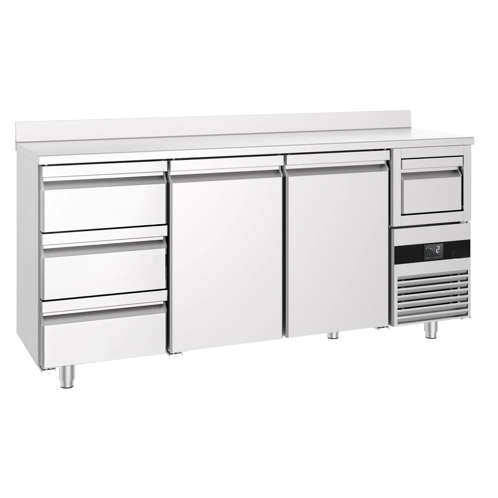 Barový chladicí stůl PREMIUM - 2135x600 mm - se 2 dveřmi, 3 zásuvkami, zadní lištou & vyklepávačem na kávu