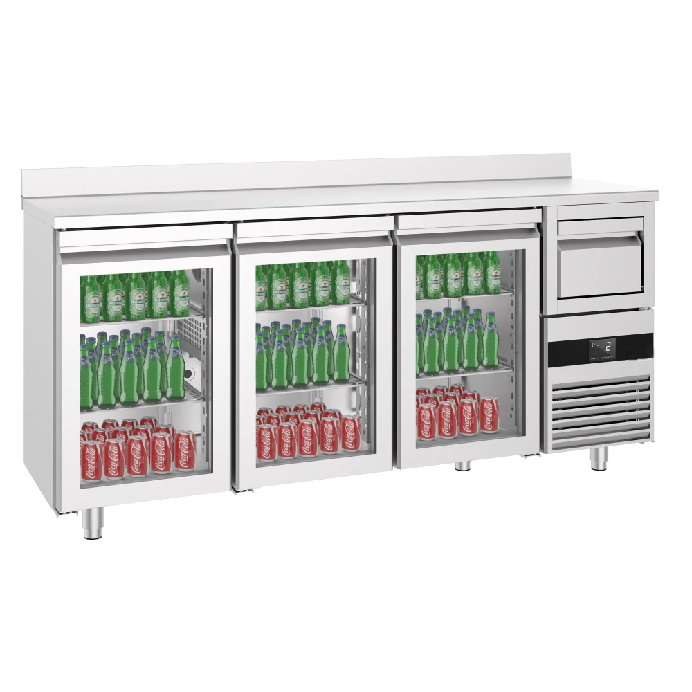 Barový chladicí stůl PREMIUM - 2135x600 mm - se 3 dveřmi, zadní lištou & odklepávačem na kávu