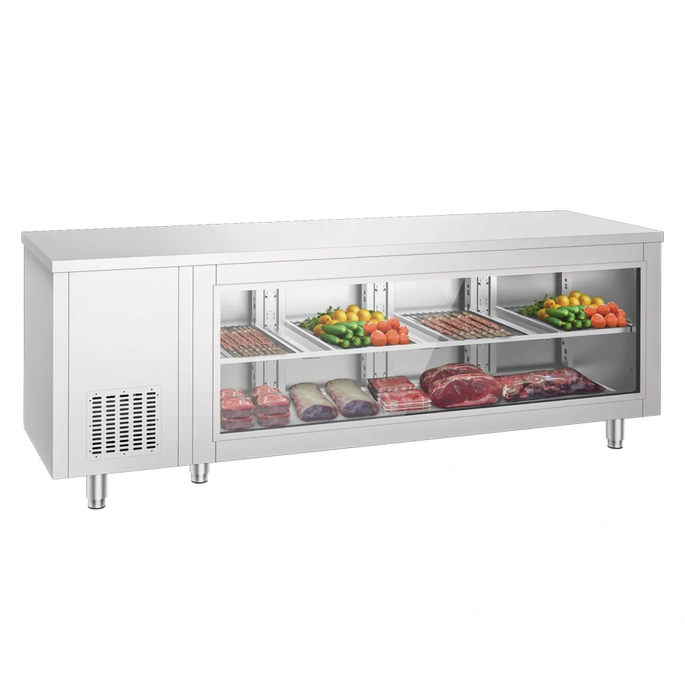 Chladicí stůl - 2330x700x850 mm - 632 l - se skleněným čelem - s 4 dveřmi