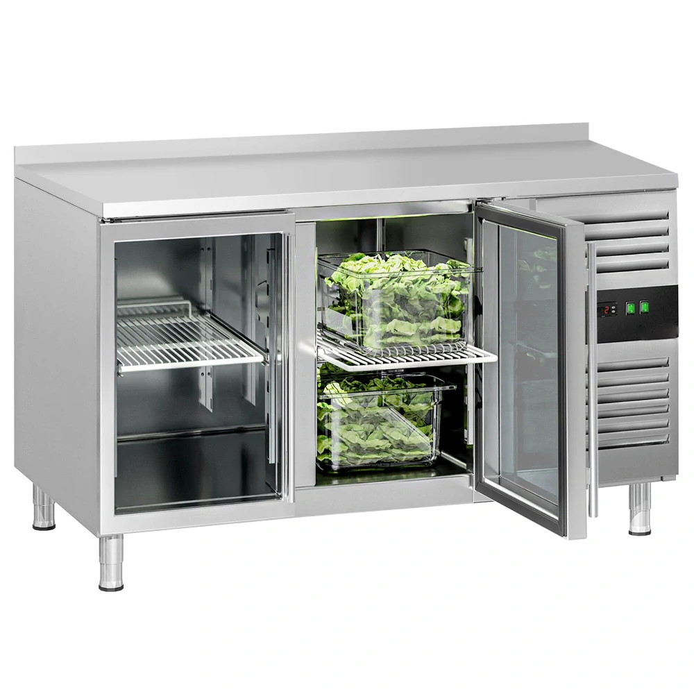 Chladicí stůl ECO - 1360x700 mm - s 2 skleněnými dveřmi - se zadní lištou