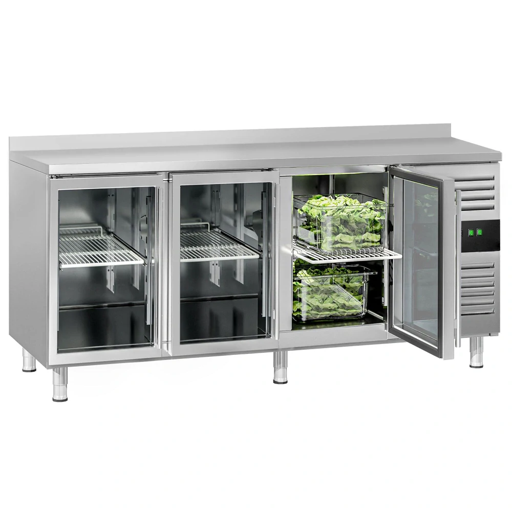 Chladicí stůl ECO - 1795x700 mm - 417 L - s 3 skleněnými dveřmi - zadní lištou
