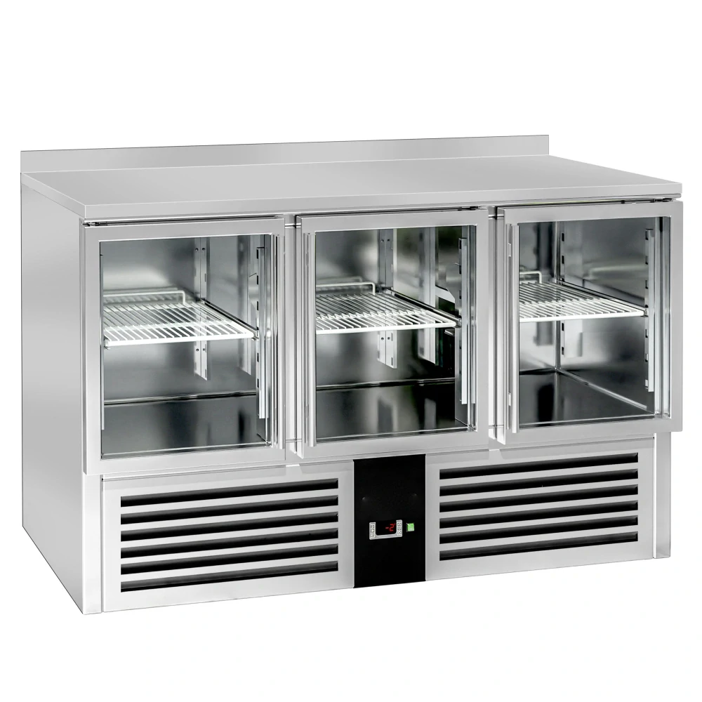 Chladicí stůl PREMIUM - 1370x700 mm - 3 skleněné dveře - zadní lišta