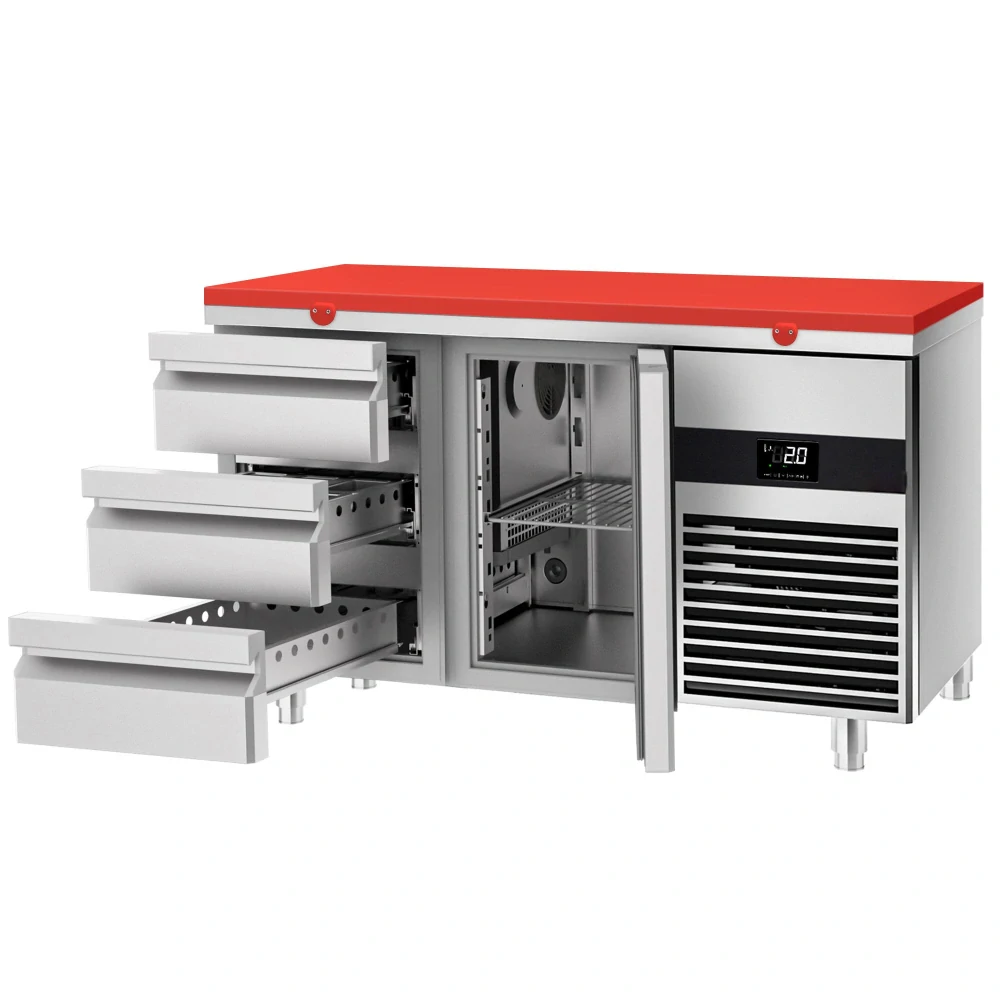 Chladicí stůl PREMIUM - 1400x700 mm - 1 dveře - 3 zásuvky - vč. červené krájecí desky