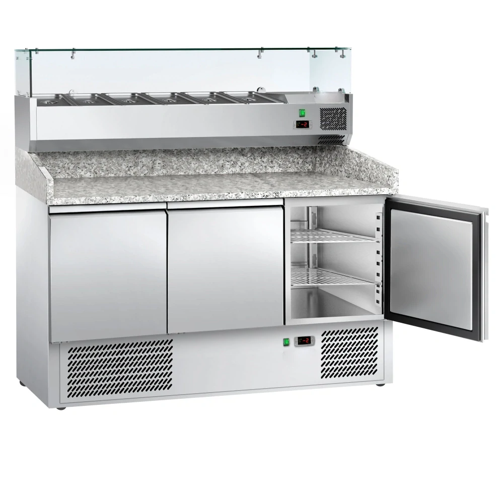 Chladicí stůl na pizzu ECO - 1400x700 mm - se 3 dveřmi - se žulovou pracovní deskou - vč. chladicí nástavbové vitríny - 6x GN 1/4
