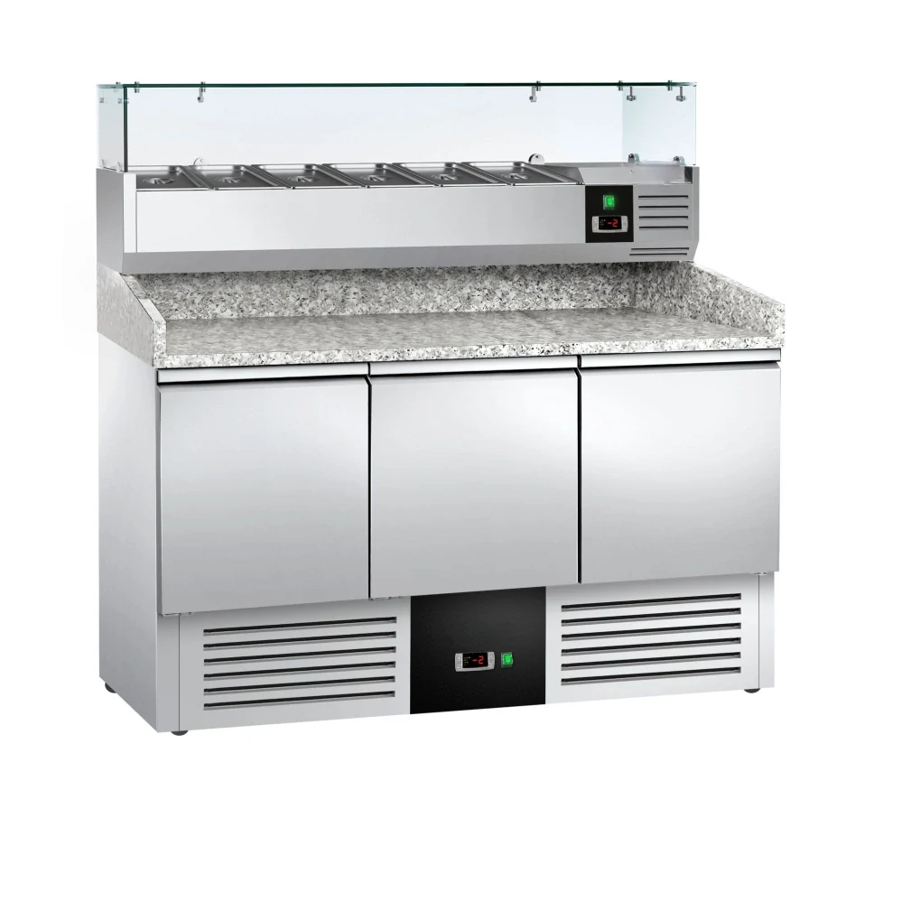 Chladicí stůl na pizzu PREMIUM - 1400x700 mm - se 3 dveřmi - vč. chladicí nástavbové vitríny - 6x GN 1/4 - se žulovou pracovní deskou